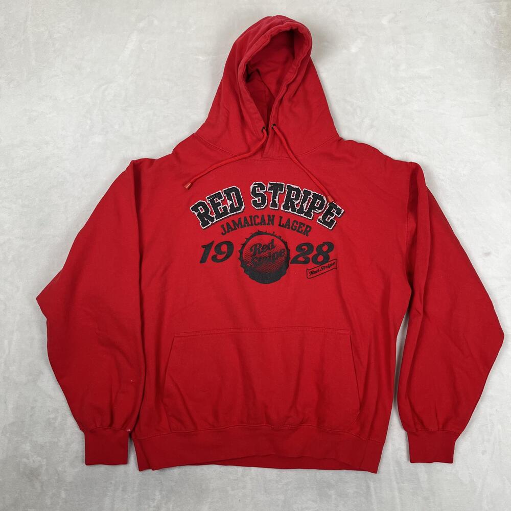 Vintage Red Stripe Hoodie Mens Large Red Pullover Sweatshirt Jamaican Lager Beer